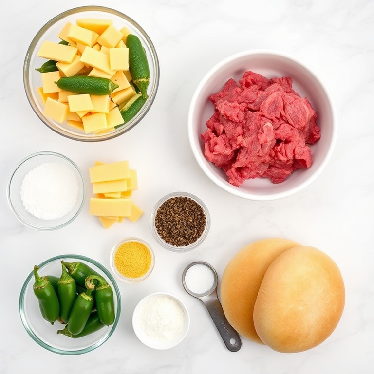 Ground beef, jalapeños, cheddar cheese, burger buns, and seasonings laid out