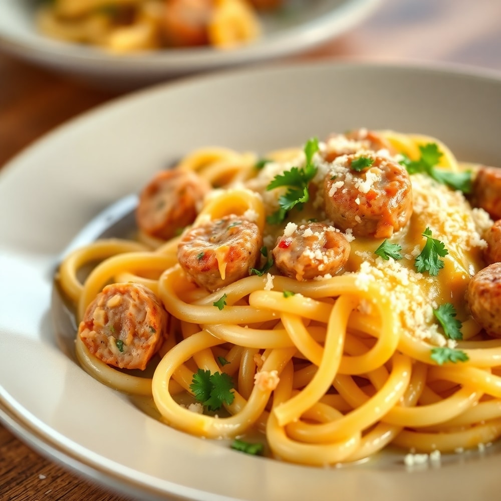 Plated Cheesy Chicken and Sausage Pasta