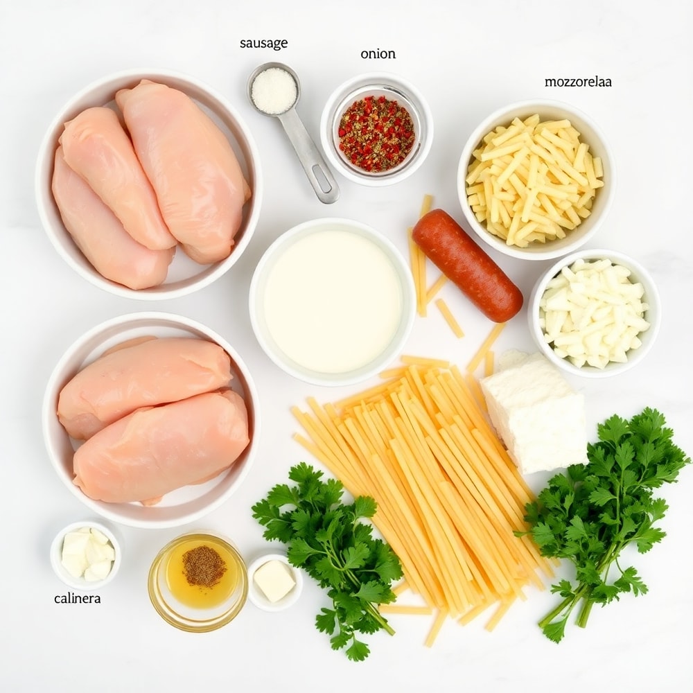 Raw Ingredients for Cheesy Chicken and Sausage Pasta