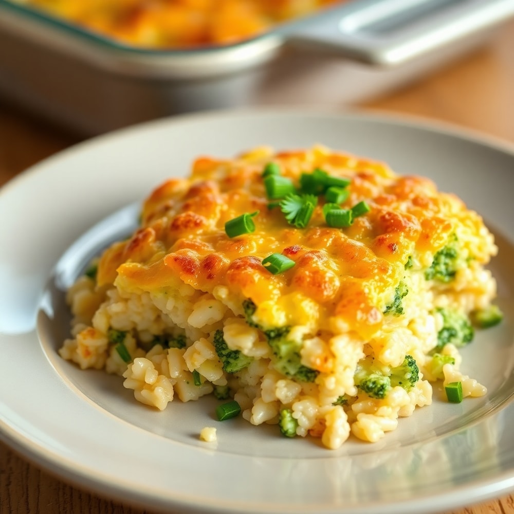 Chicken broccoli rice casserole plated with garnish