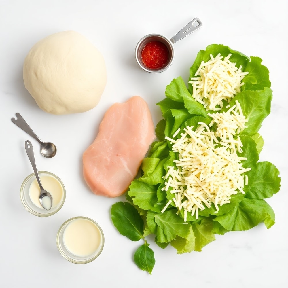 Raw ingredients for Chicken Caesar Salad Pizza on a marble surface