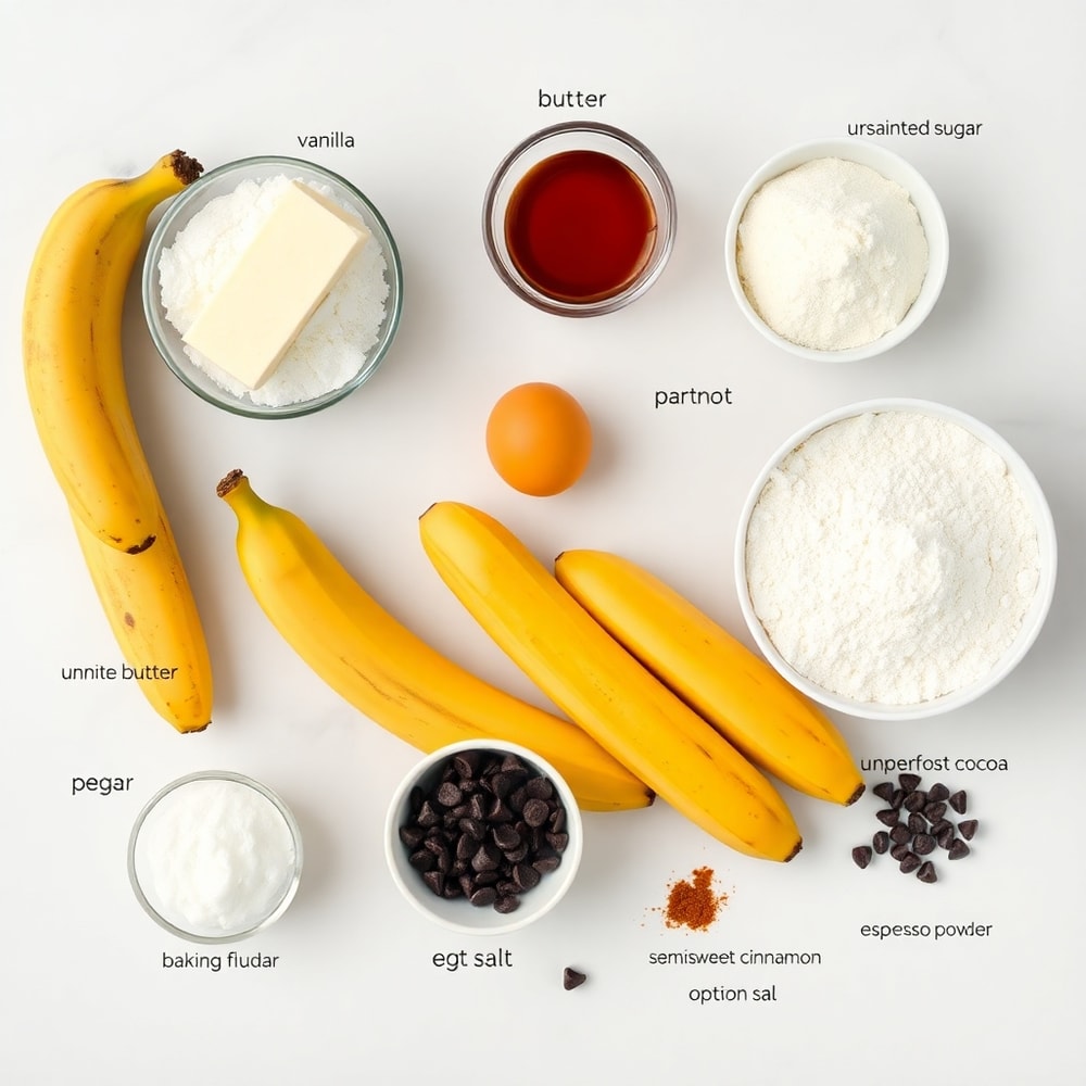 Bananas, chocolate chips, and other ingredients for chocolate banana cookies