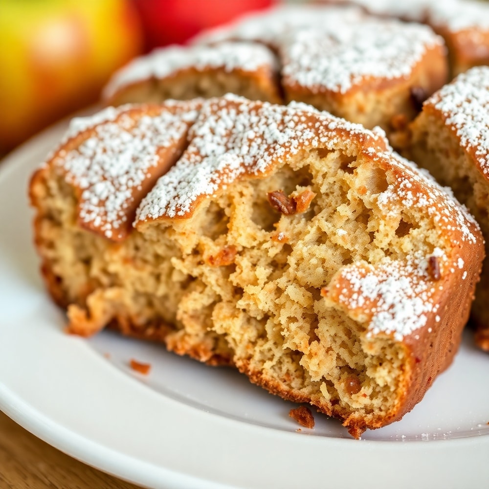 Plated serving of Cinnamon Apple Bread with a dusting of powdered sugar