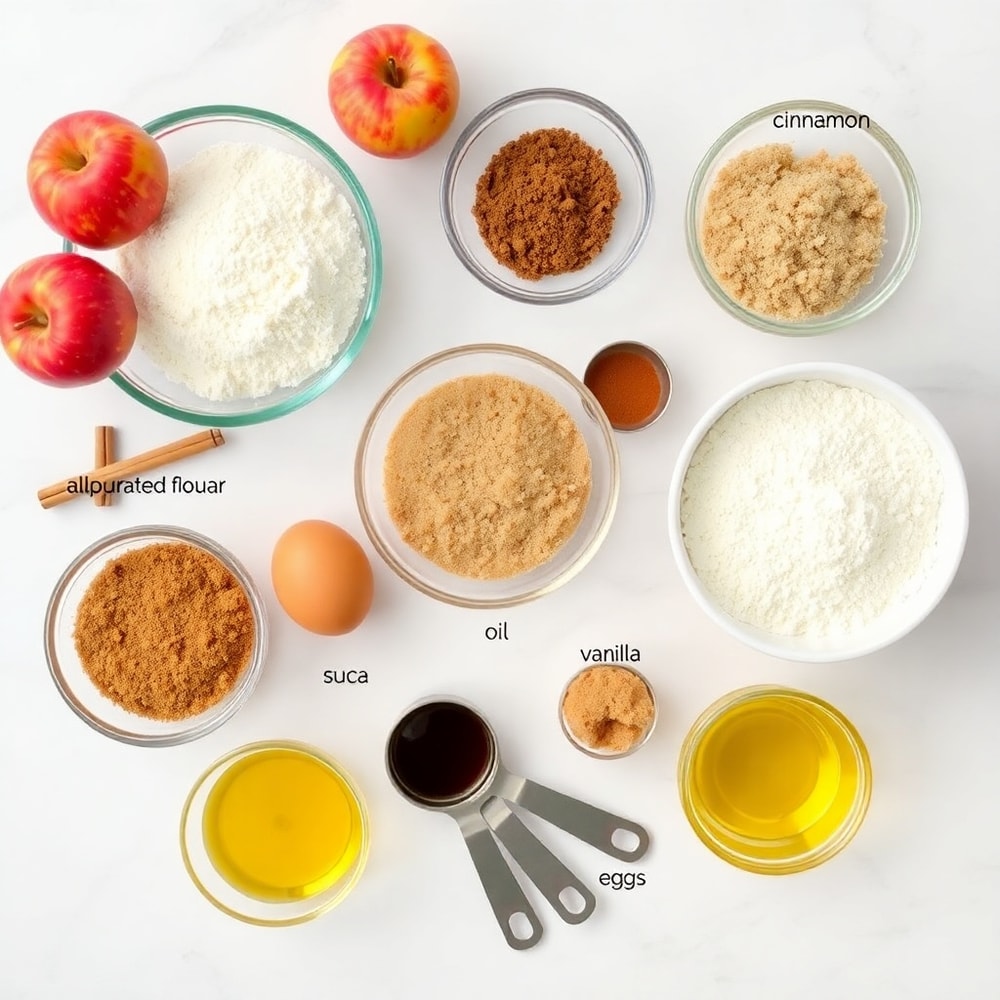 Raw ingredients for Cinnamon Apple Bread including apples, flour, cinnamon, and sugar