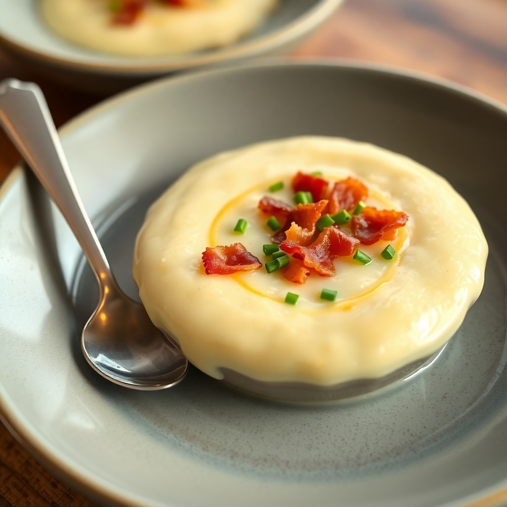 Bowl of creamy baked potato soup with crispy bacon and chives