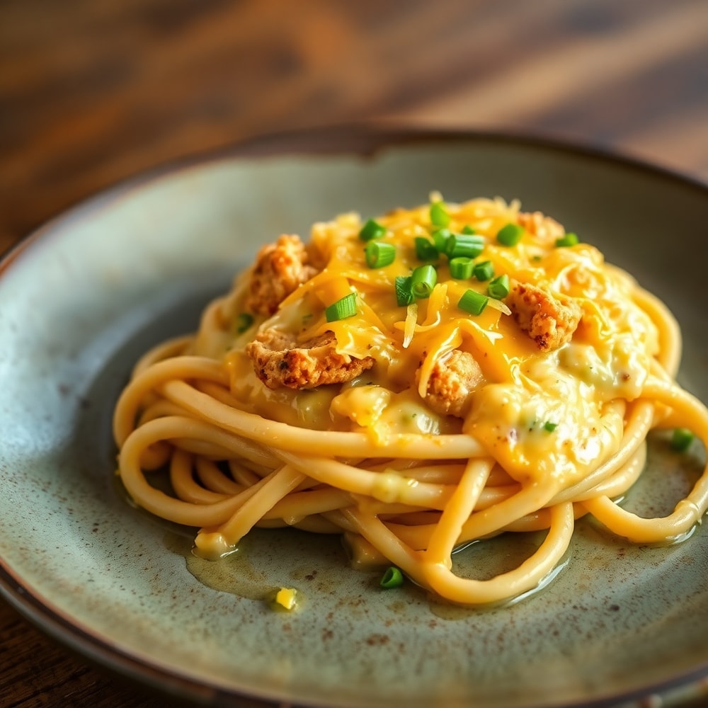 Plated serving of Crack Chicken Pasta on a rustic plate
