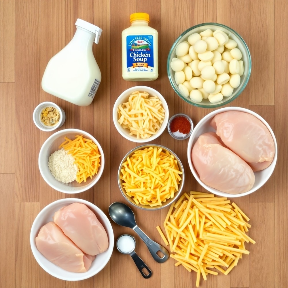 Raw ingredients for Crack Chicken Pasta laid out on a wooden surface