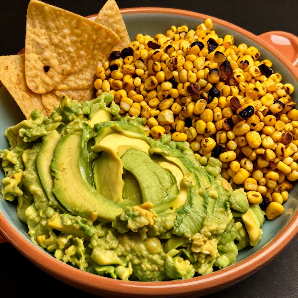 Creamy Avocado Dip with Grilled Corn Salad served in a bowl with tortilla chips