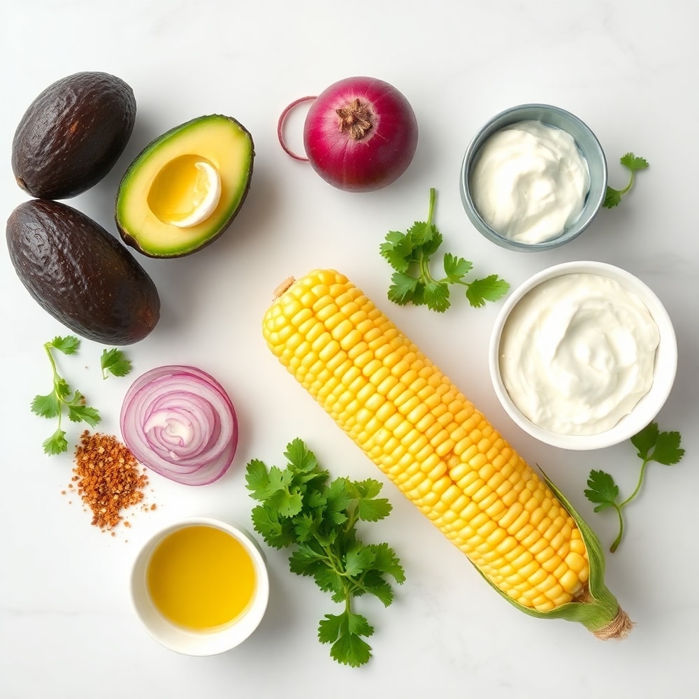 Avocado, corn, red onion, cilantro, lime, and other ingredients for the dip and salad