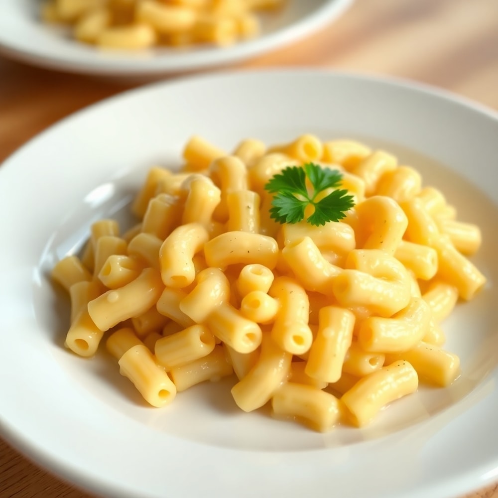 Plated serving of creamy baked macaroni and cheese with fresh parsley garnish