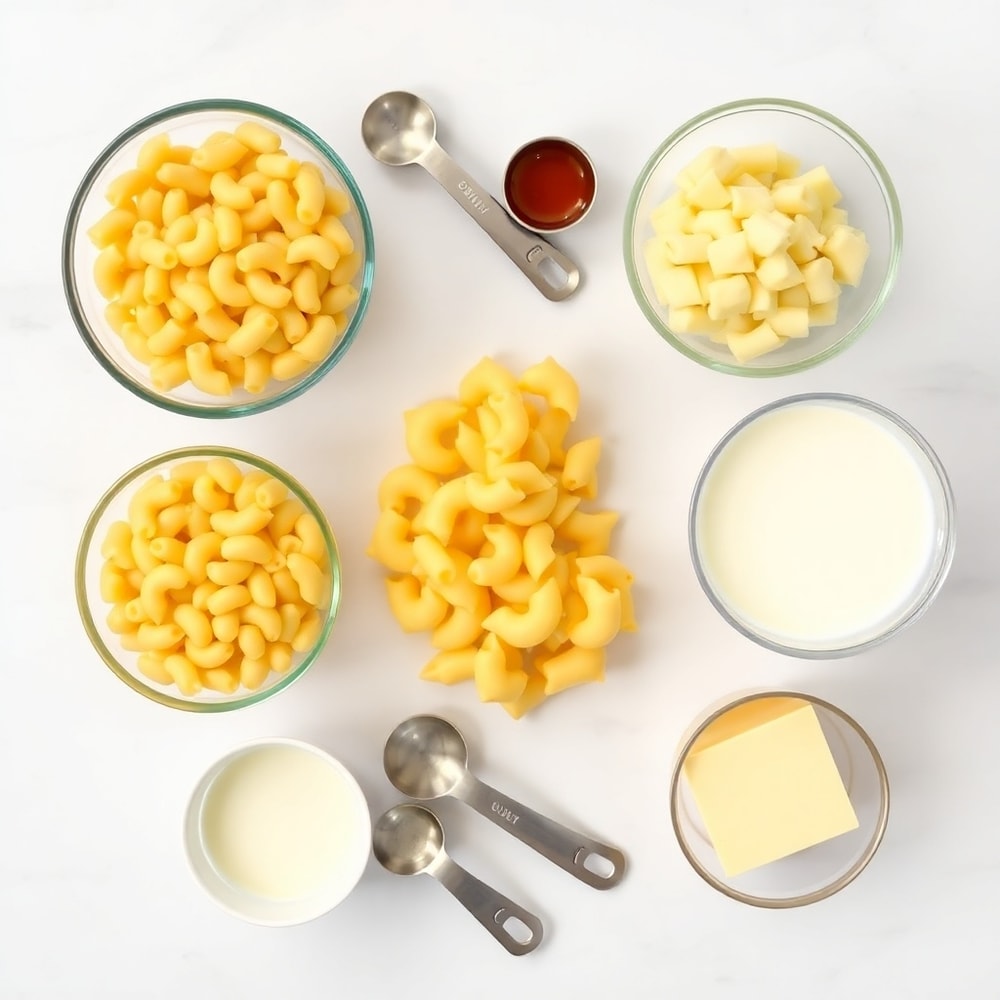 Raw ingredients for creamy baked macaroni and cheese including pasta, cheese, milk, and flour