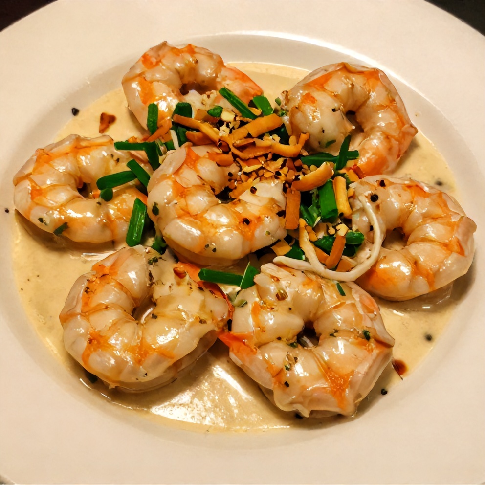 Plated Coconut Garlic Shrimp with green onions