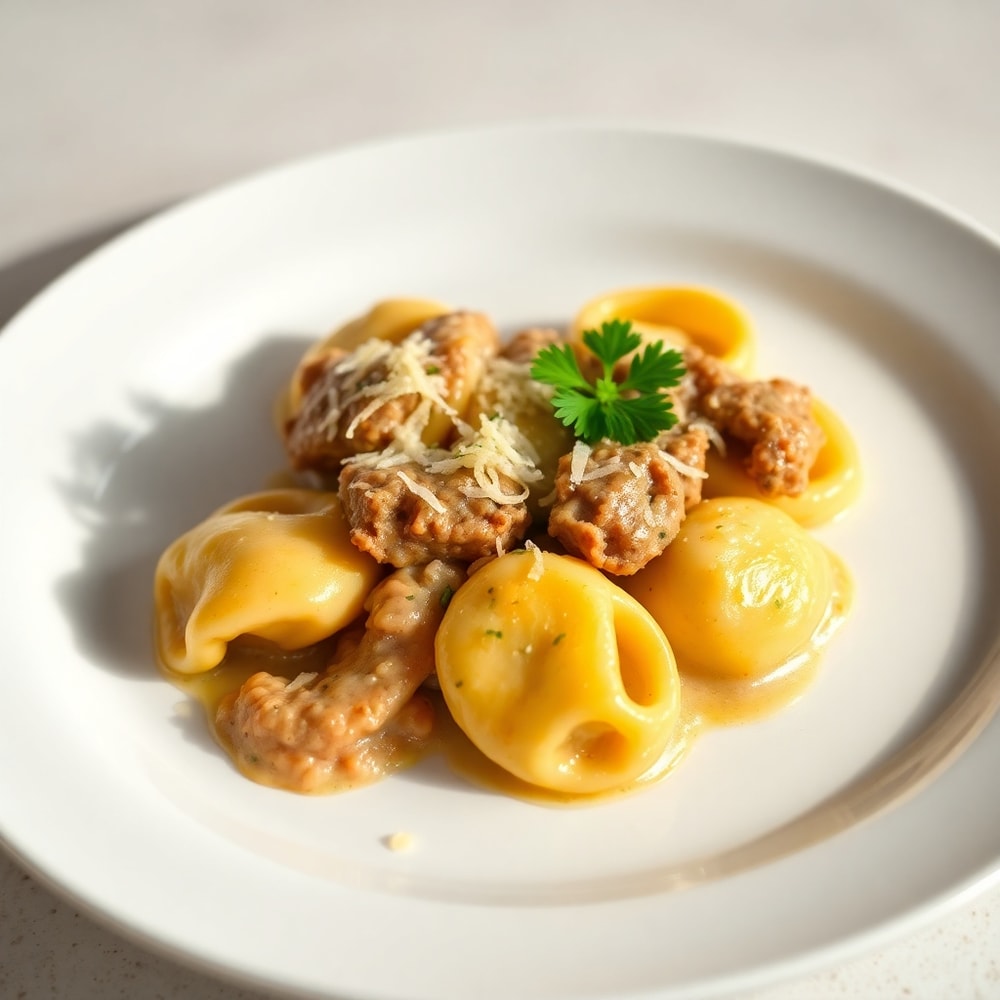 One perfect plated serving of Cracked Garlic Steak Tortellini on a white plate, with melted parmesan cheese and fresh parsley garnish, warm side lighting highlighting the creamy sauce and crispy tortellini edges