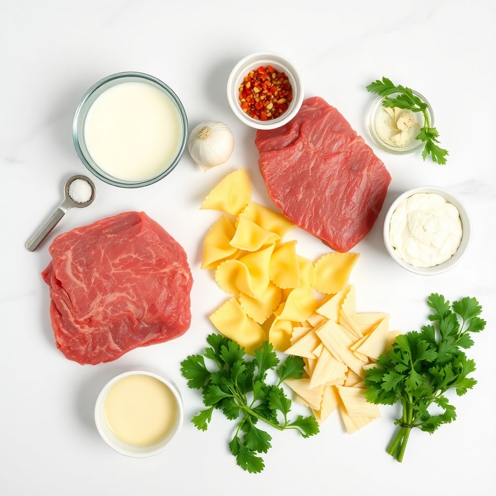 Raw ingredients for Cracked Garlic Steak Tortellini arranged in an overhead flat lay, including steak, tortellini, garlic, heavy cream, and parmesan cheese, on a white marble surface with bright even light