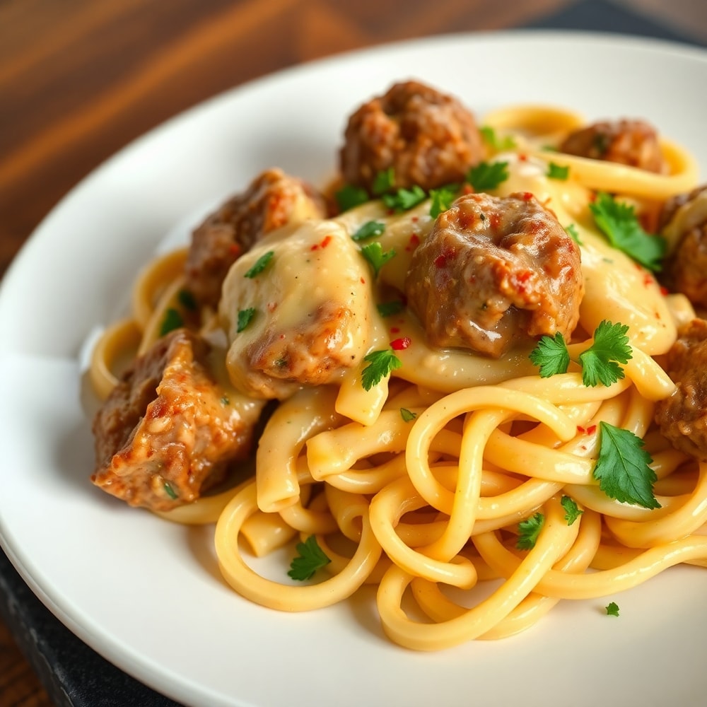 Finished Creamy Garlic Butter Steak Bites with Spicy Cajun Alfredo Twisted Pasta