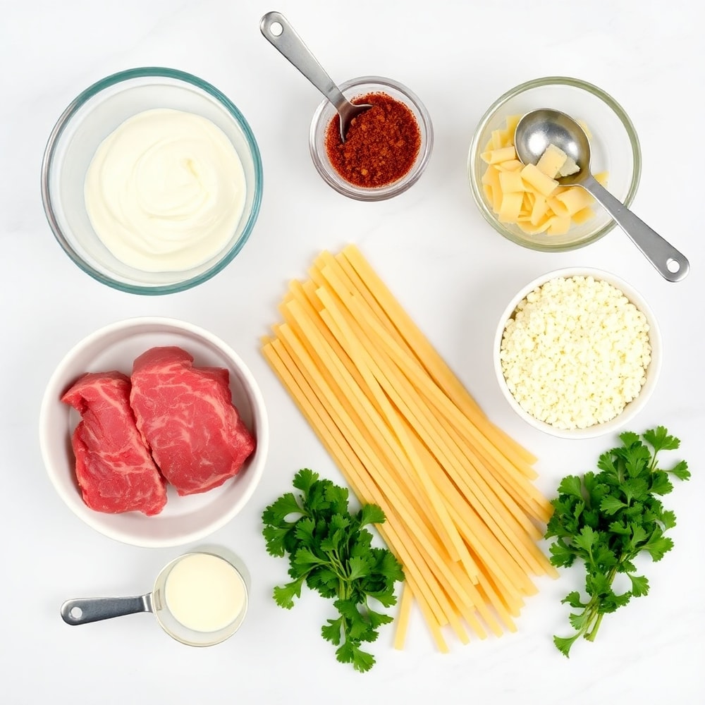Raw ingredients for Creamy Garlic Butter Steak Bites with Spicy Cajun Alfredo Twisted Pasta