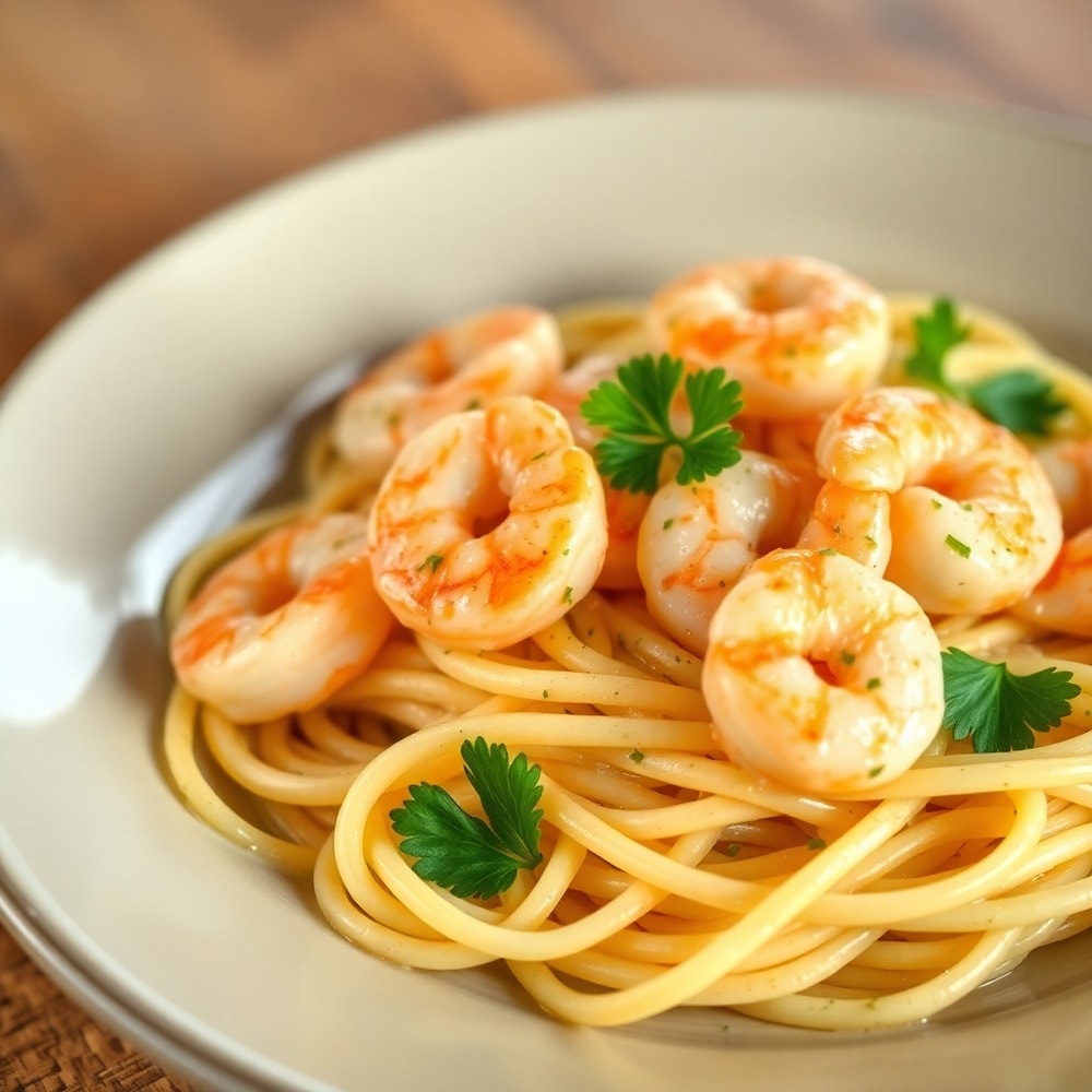 Plated creamy garlic shrimp with parsley garnish