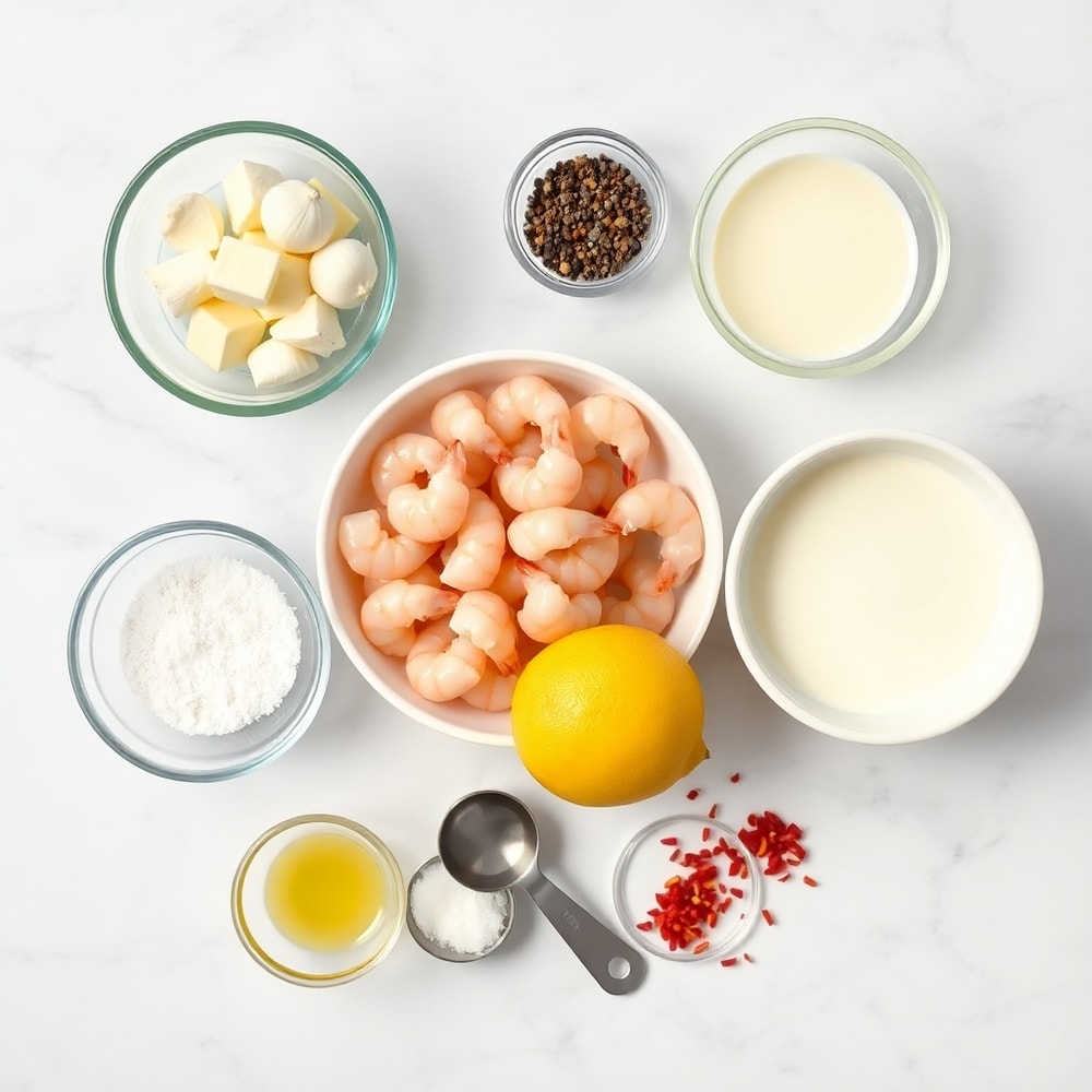 Raw ingredients for creamy garlic shrimp laid out on a marble surface