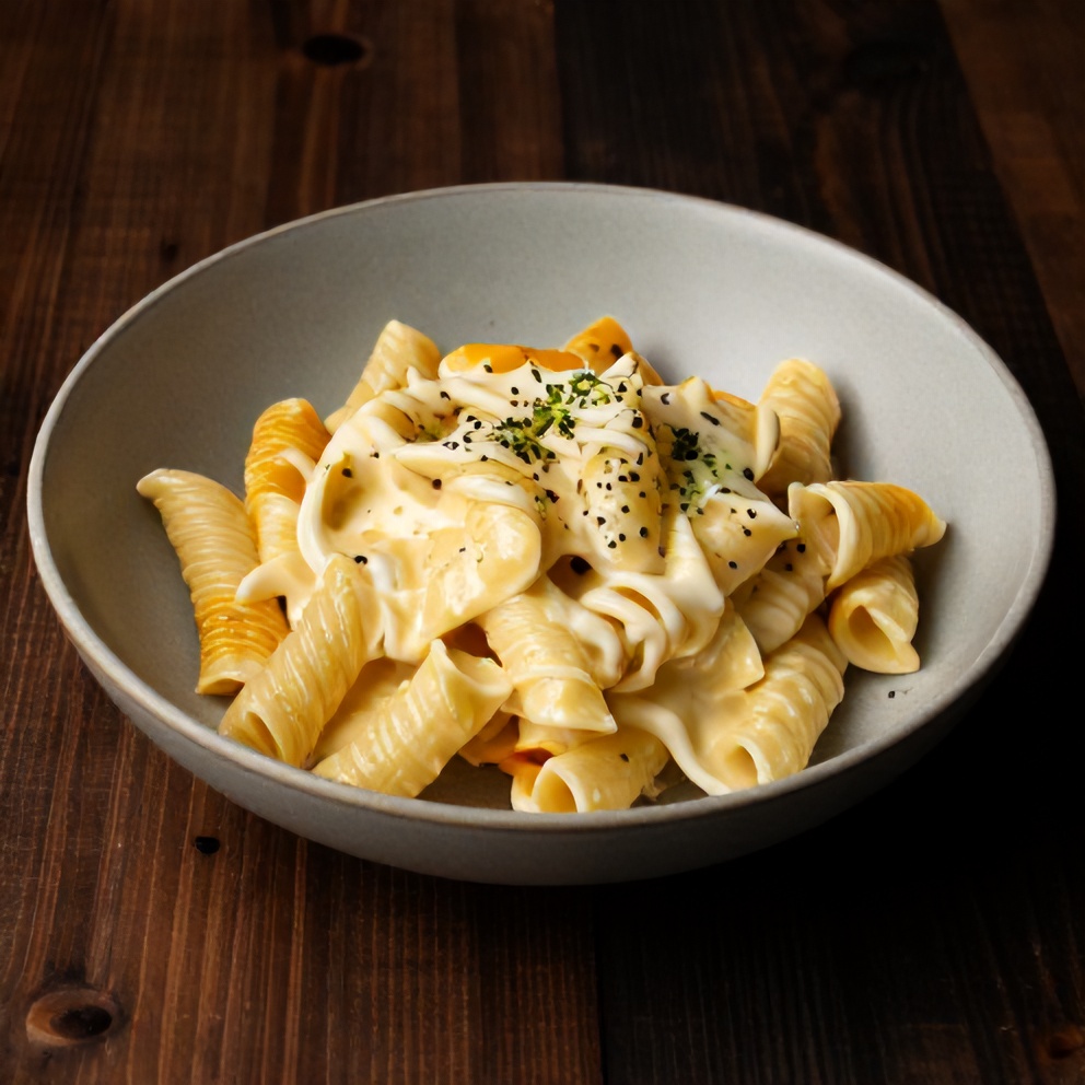 One perfect plated serving of Creamy Lemon Pasta, shown in a shallow bowl, surrounded by a dark wooden surface, warm side lighting, photorealistic food photography