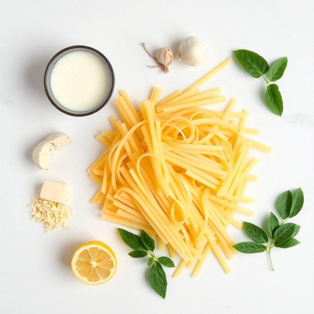 Raw ingredients for Creamy Lemon Pasta arranged in an overhead flat lay, including pasta, heavy cream, Parmesan cheese, garlic, lemon, bright even natural light, white marble surface, photorealistic overhead food photography