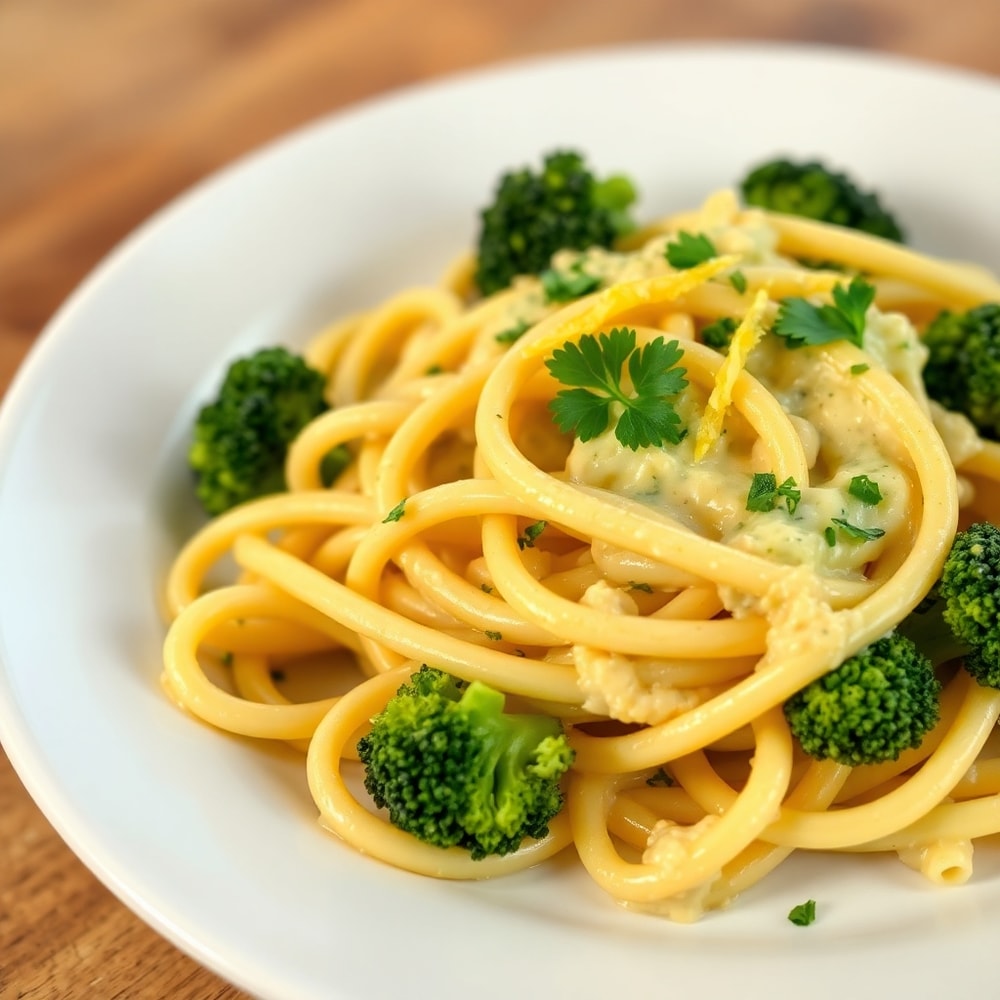 Plated Creamy Mafaldine Pasta Limone with Broccoli