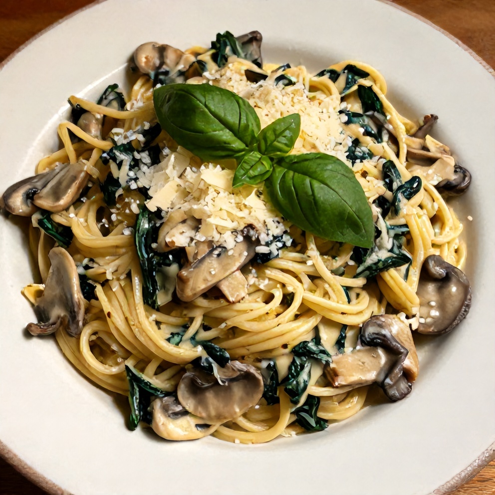Plated creamy mushroom spinach pasta
