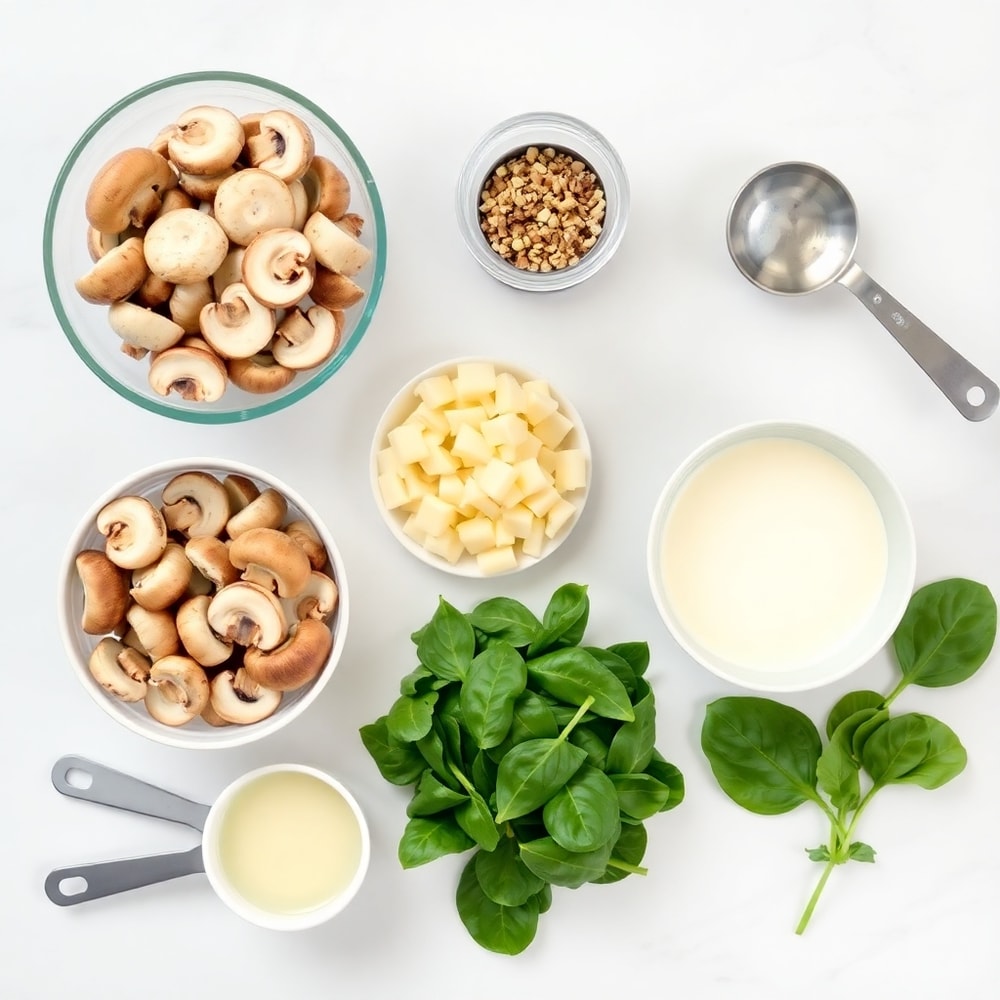 Raw ingredients for creamy mushroom spinach pasta