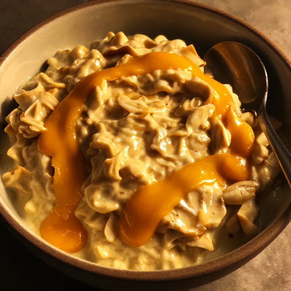 Finished Creamy Pandan Coconut Overnight Oats with Mango Drizzle