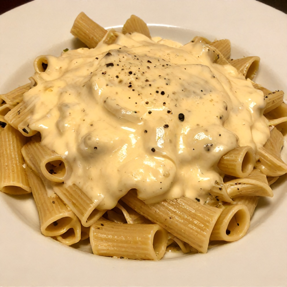 One perfect plated serving of Creamy Pesto Ricotta Pasta, on a white plate, close crop, warm side lighting showing creamy texture, photorealistic food photography.