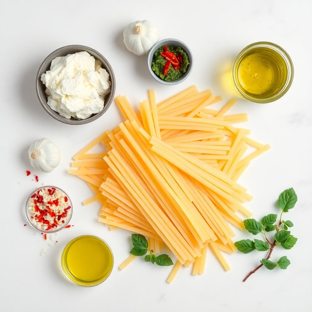 Overhead flat lay of raw ingredients: pasta, ricotta, pesto, garlic, olive oil, parmesan, salt, pepper, red pepper flakes, white marble surface, bright even light, photorealistic overhead food photography.