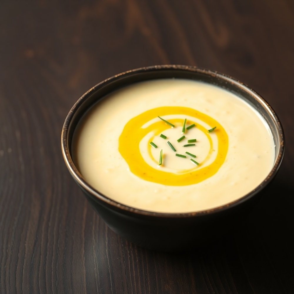 Bowl of creamy potato soup with a drizzle of olive oil and a sprinkle of chives