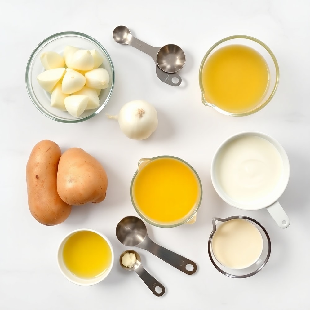 Raw ingredients for creamy potato soup including potatoes, onions, garlic, chicken broth, and heavy cream