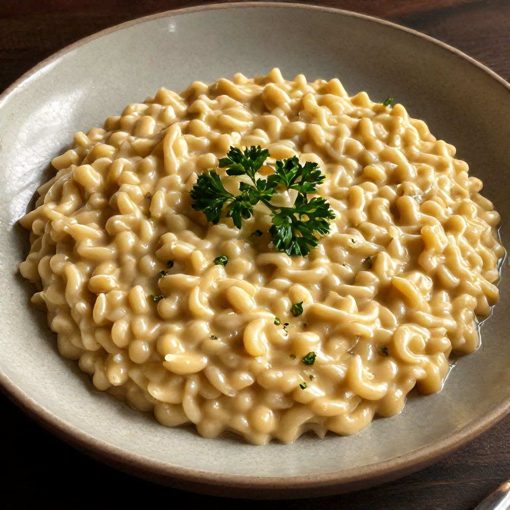 Risotto alla Milanese plated with Parmesan cheese