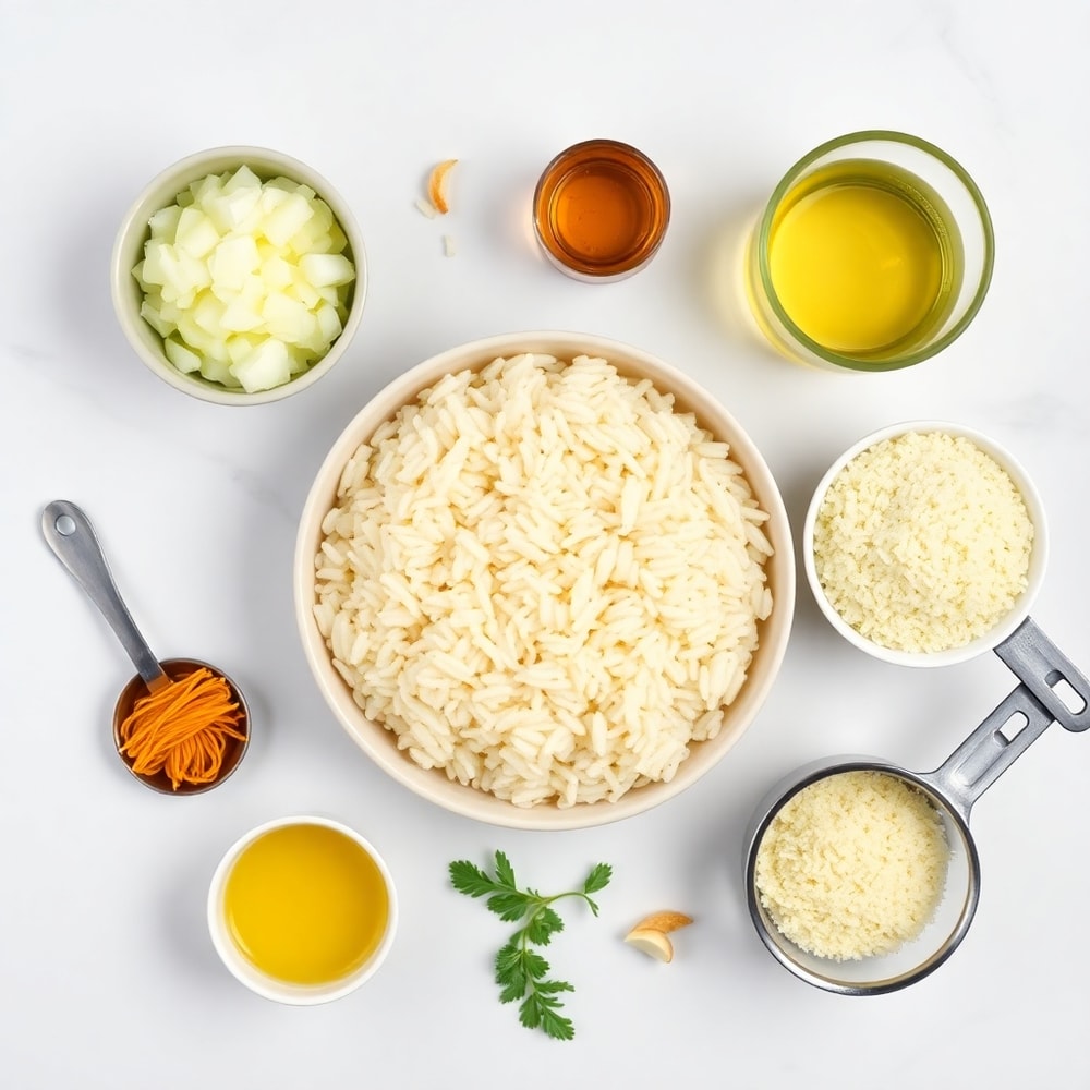 Risotto alla Milanese ingredients on a marble surface