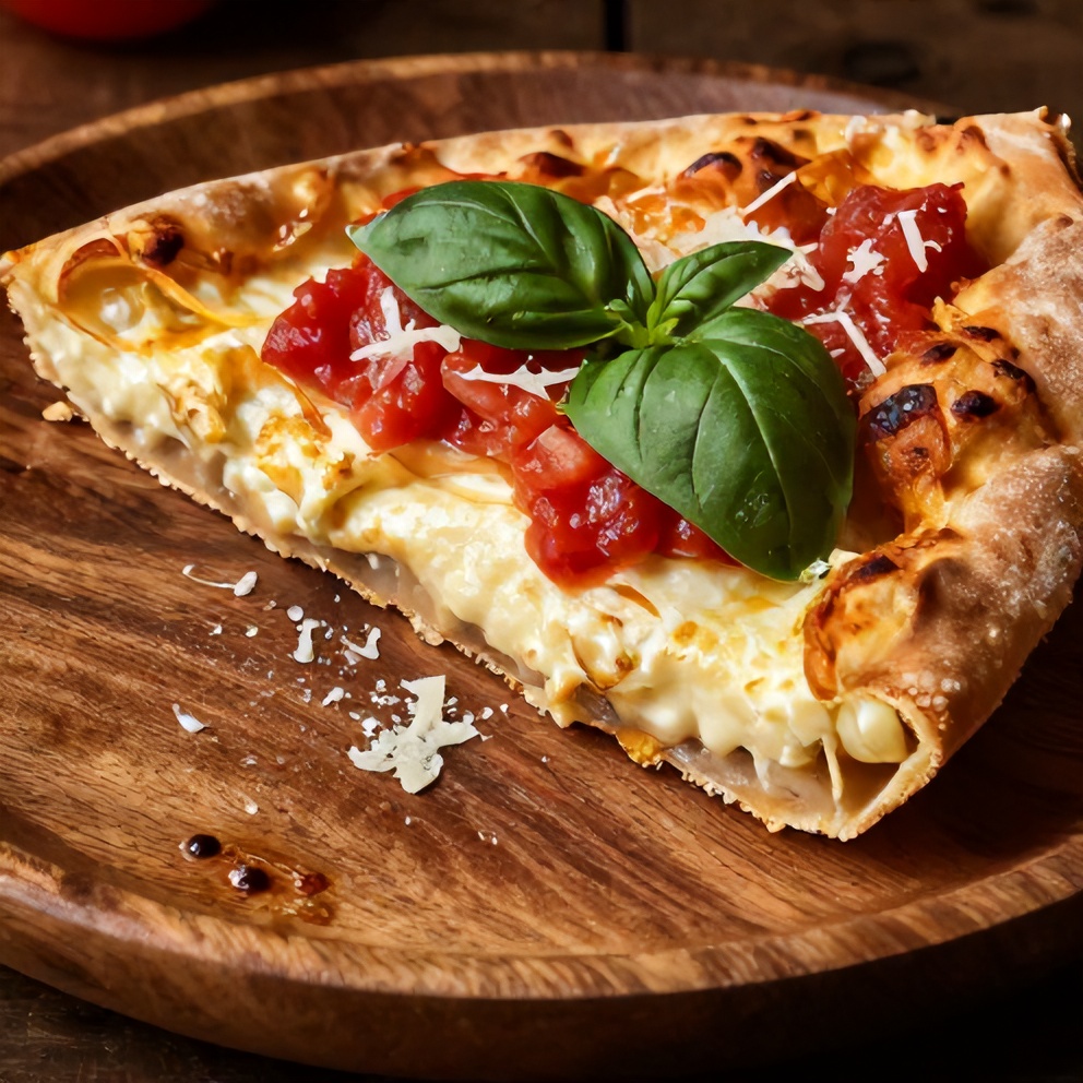 Plated slice of cottage cheese pizza with fresh basil and tomato sauce
