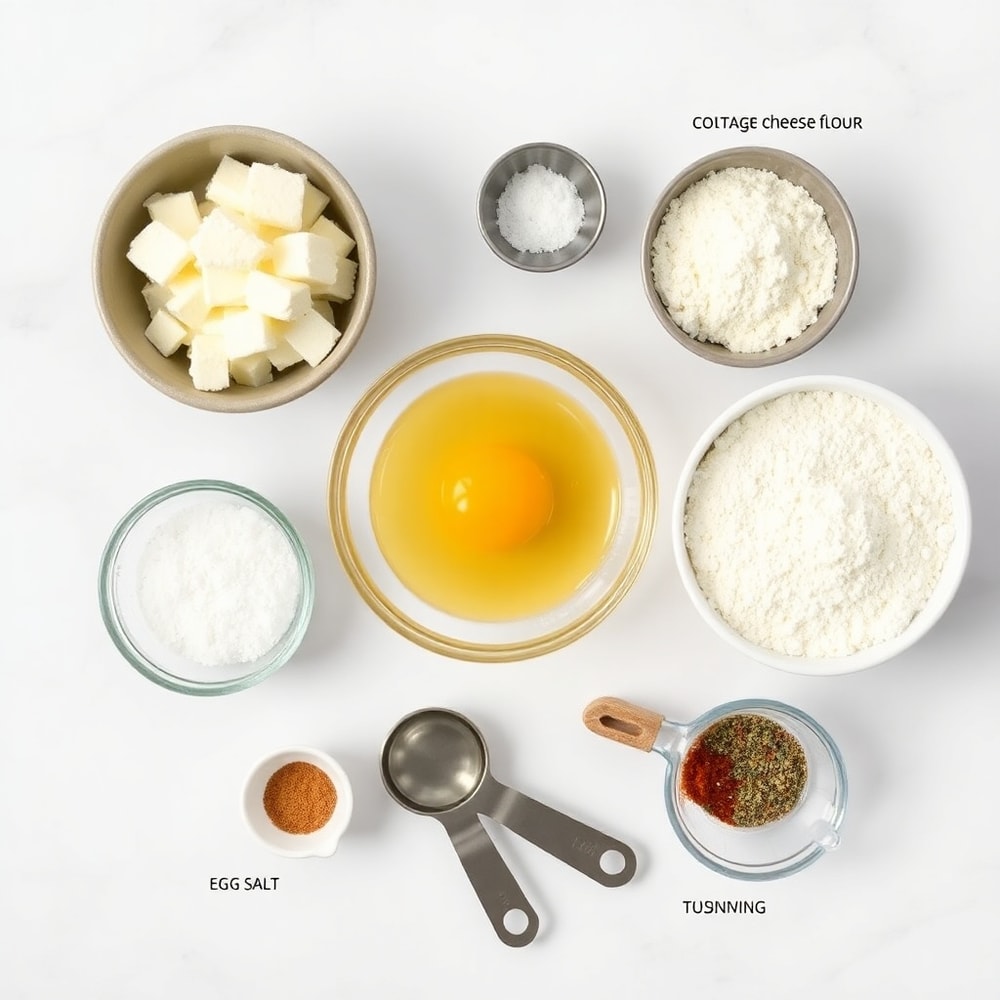 Raw ingredients for 3-ingredient cottage cheese pizza crust on marble surface