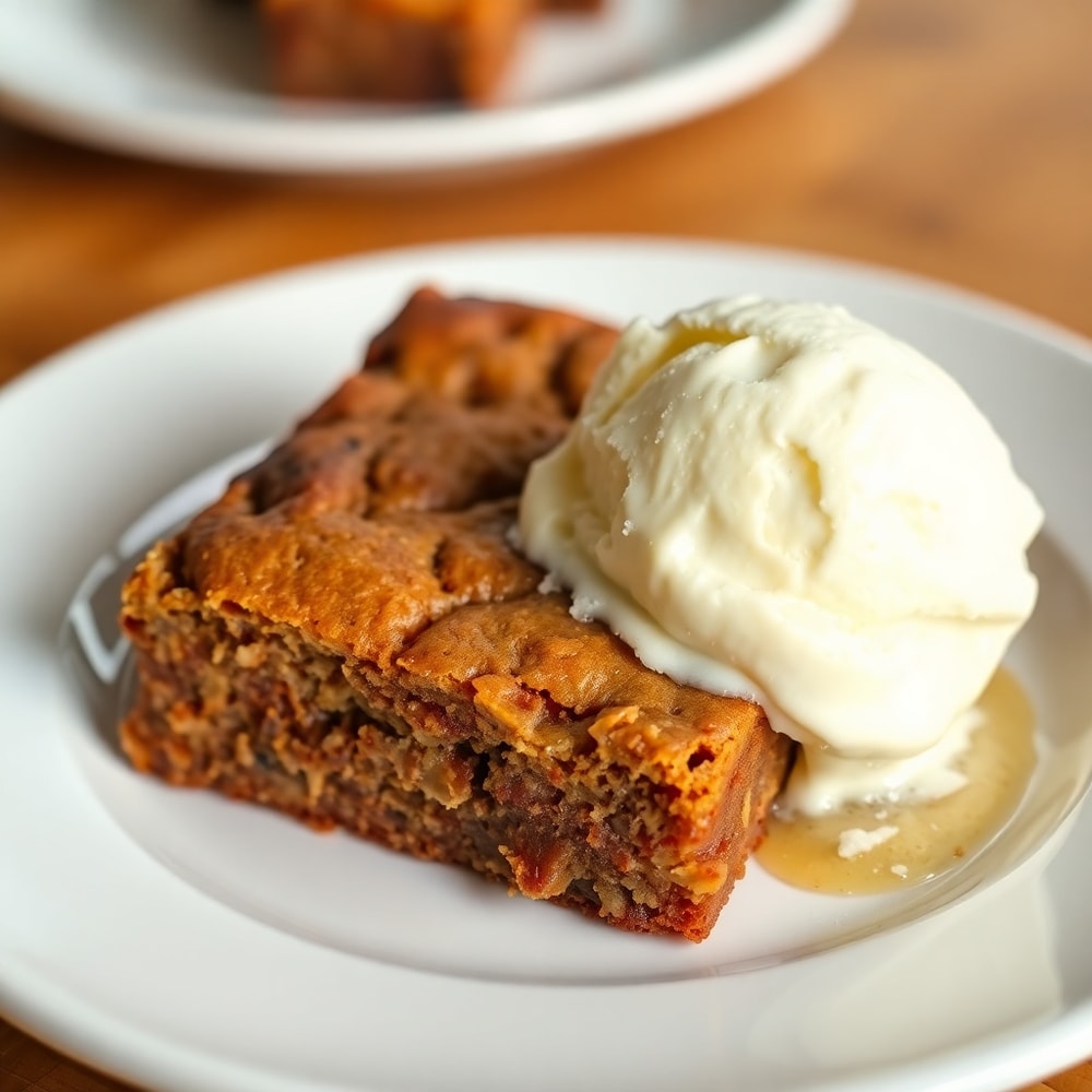 Plated banana bread brownie with a scoop of vanilla ice cream