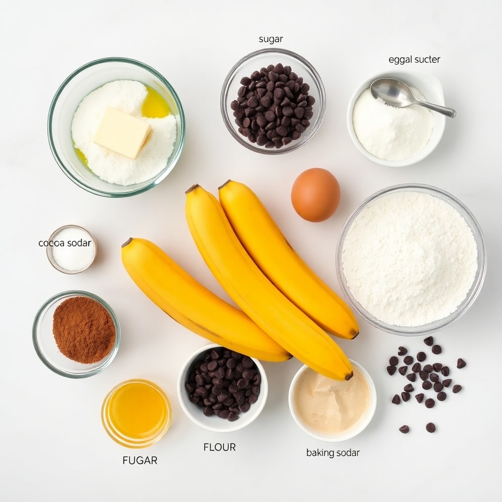 Overhead flat lay of ripe bananas, melted butter, sugar, eggs, flour, cocoa powder, chocolate chips, and baking soda