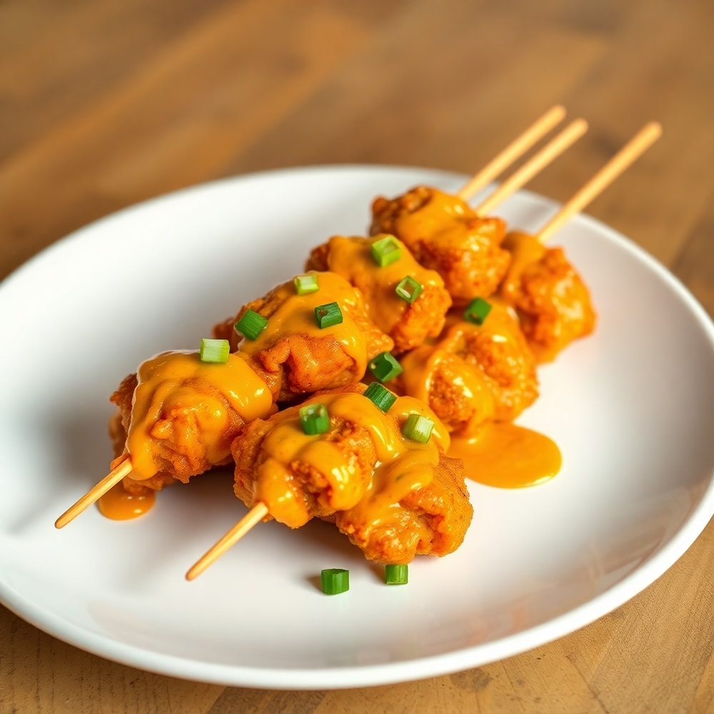 Plated Bang Bang Chicken Skewers on a white plate