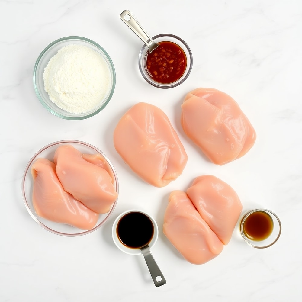 Bang Bang Chicken Skewers ingredients on a white marble surface