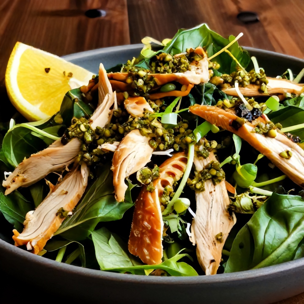 Plated Basil Pesto Chicken Salad with a lemon wedge