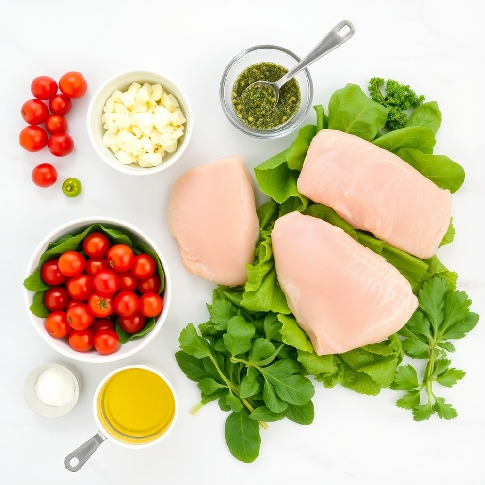 Raw ingredients for Basil Pesto Chicken Salad on a marble surface