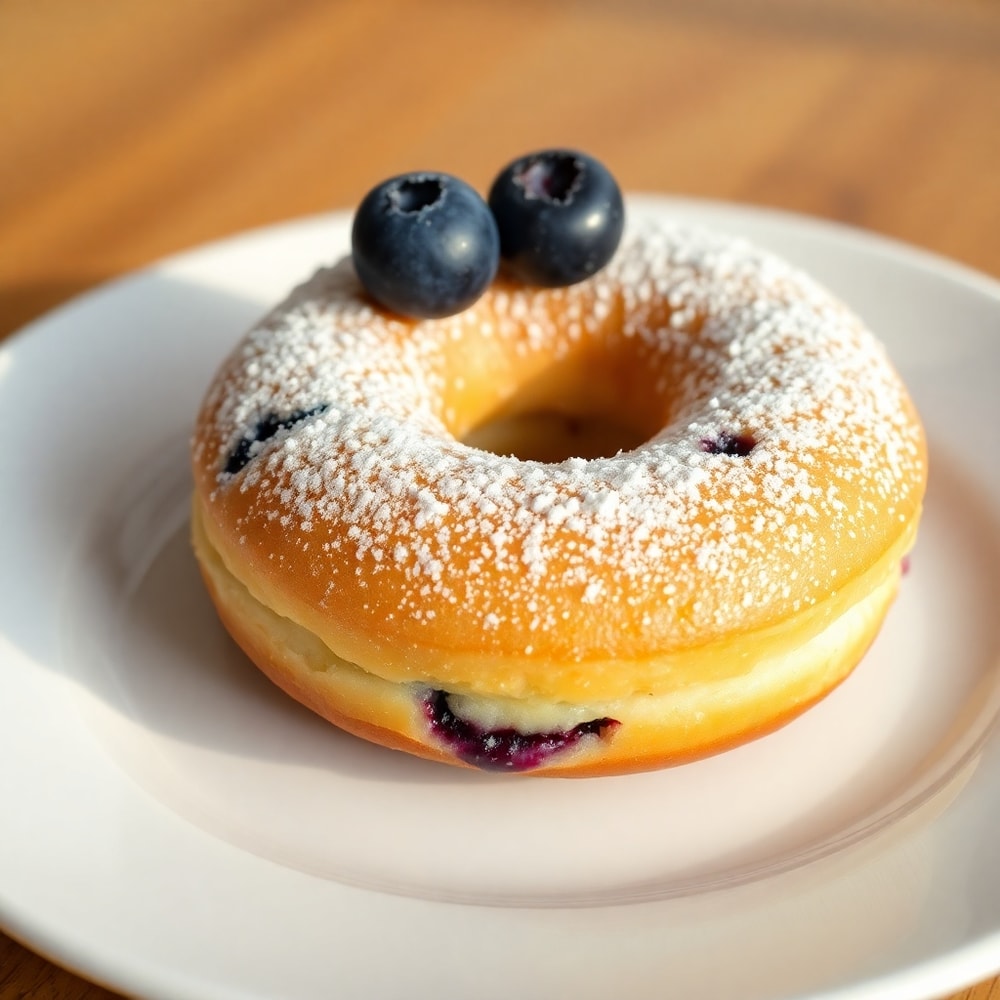 A single blueberry cake donut on a white plate with a sprinkle of powdered sugar