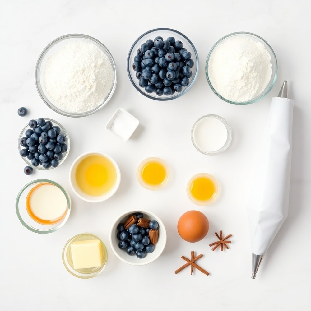 Blueberries, flour, sugar, baking powder, and other ingredients for blueberry cake donuts