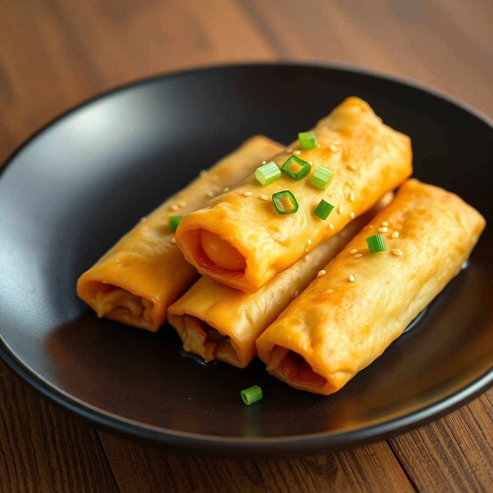 Plated breakfast egg rolls with soy dipping sauce