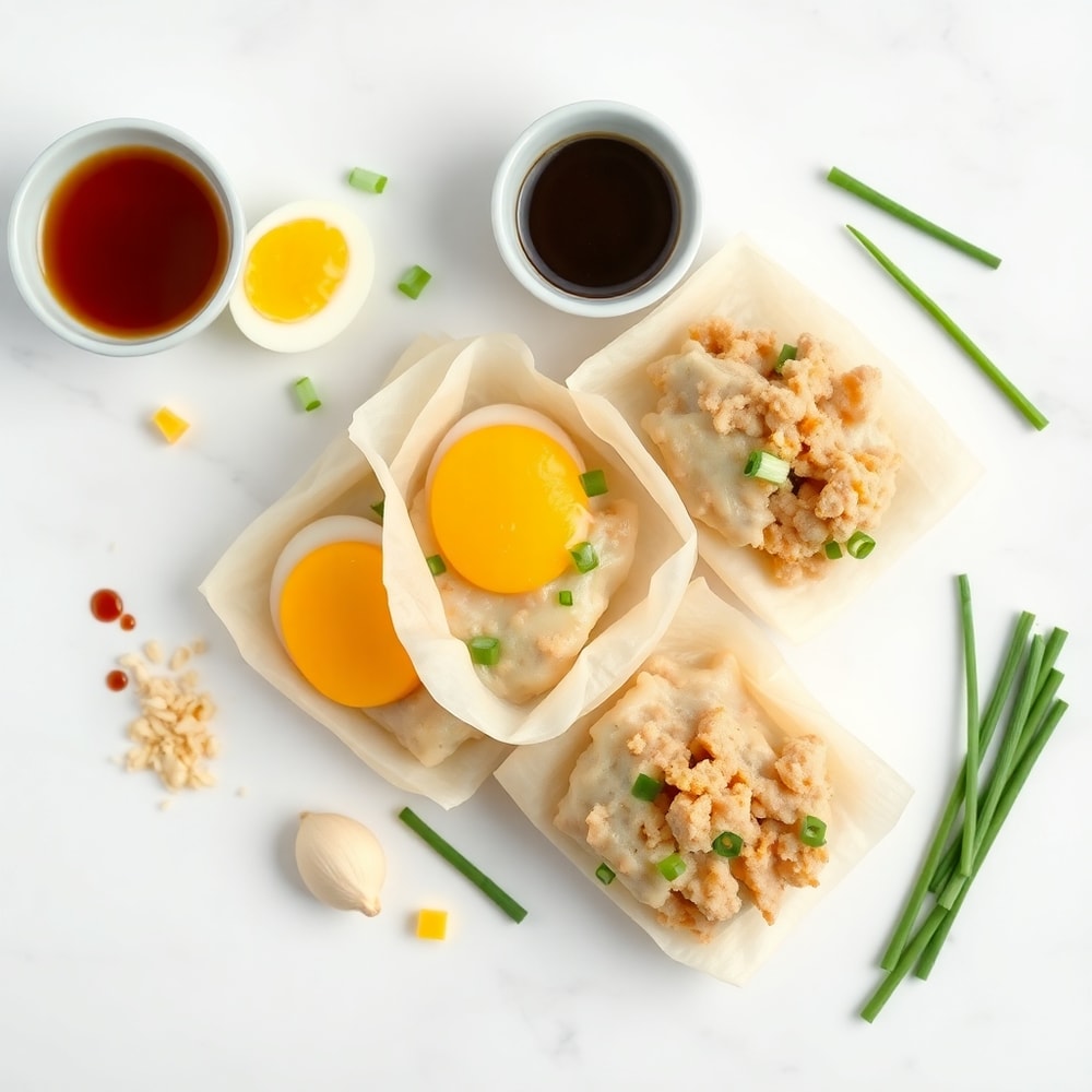 Breakfast egg roll ingredients on a marble counter