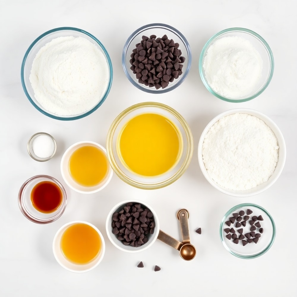 Raw ingredients for Brookies Cookies on a white marble surface