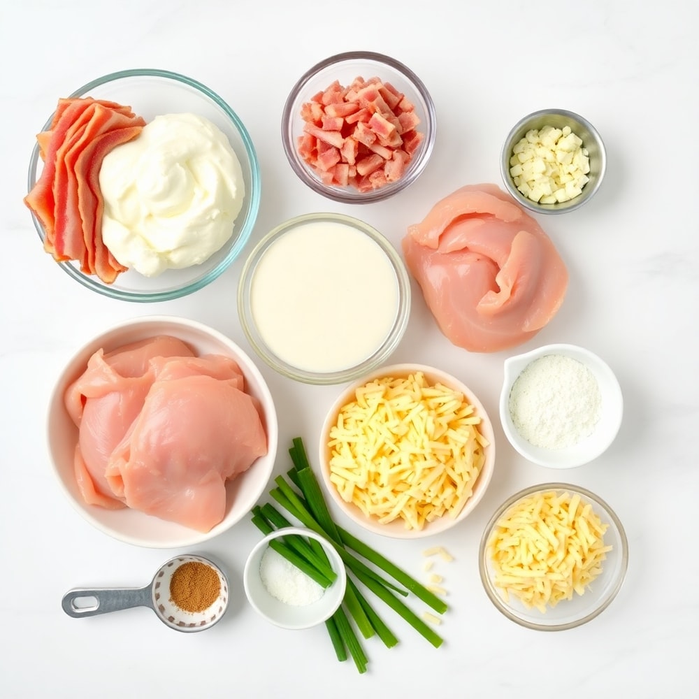 Raw ingredients for Chicken Bacon Ranch Pinwheels on a white marble surface
