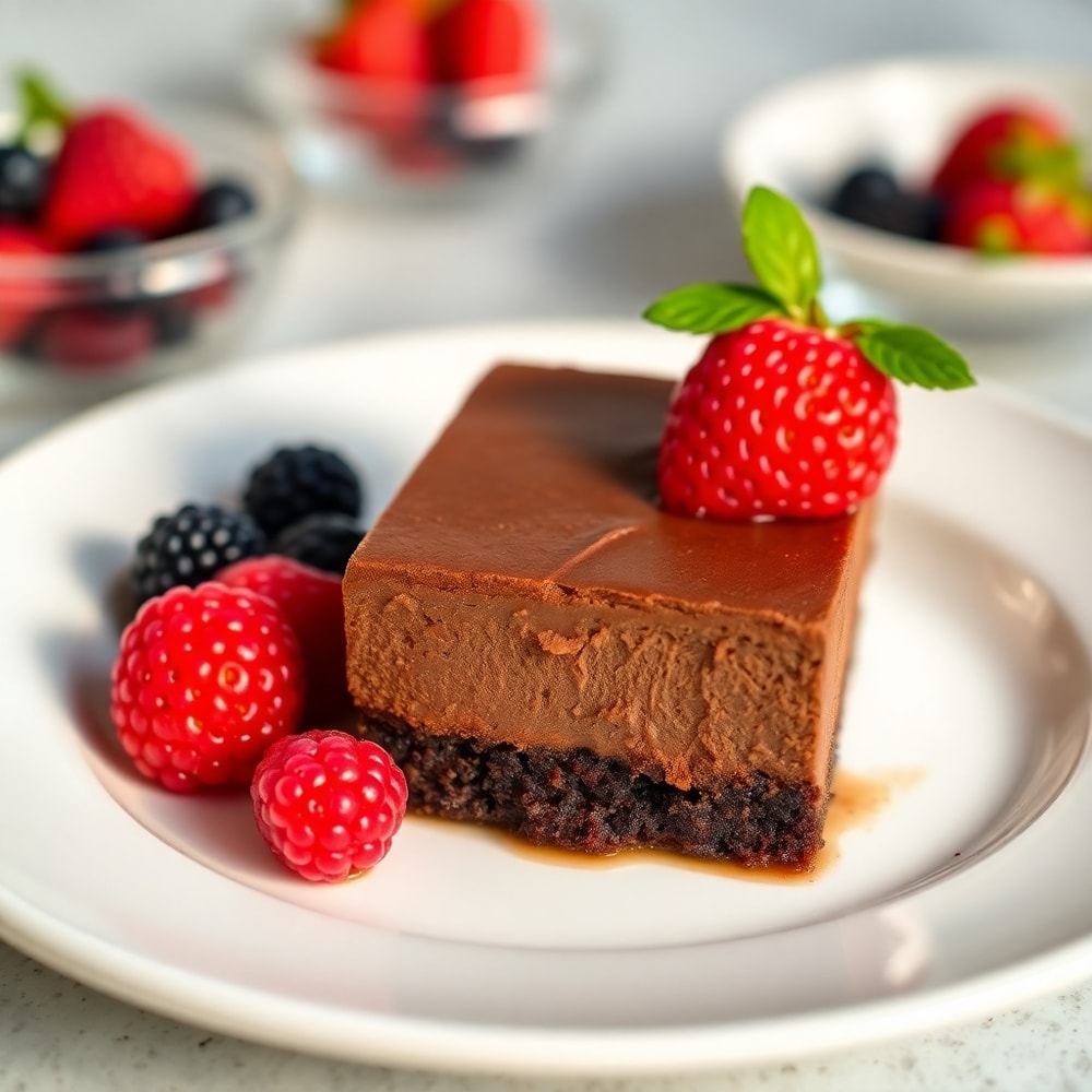 Crispy Chocolate Mousse Brownie on a white plate