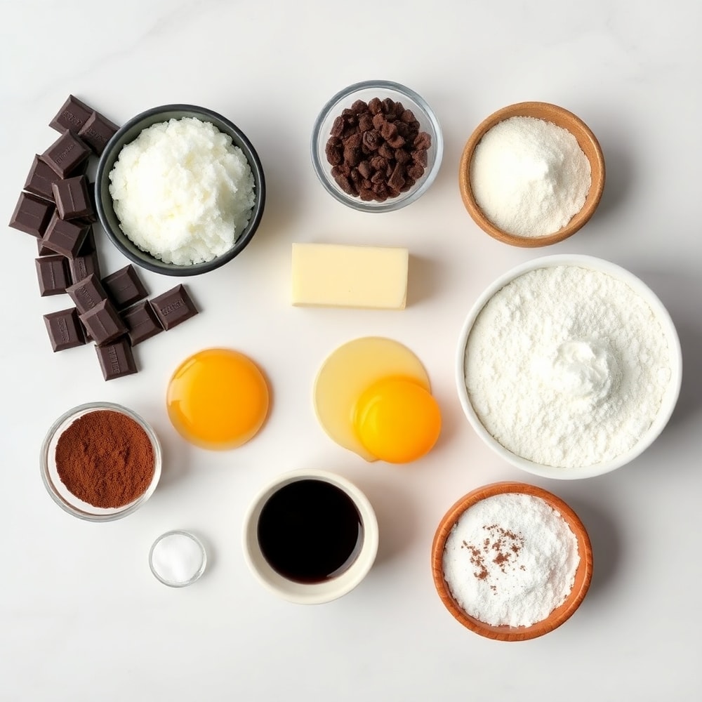 Raw ingredients for Chocolate Mousse Brownies on a white marble surface